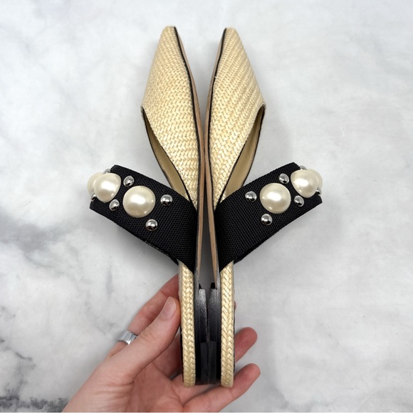 Jimmy Choo Basette Pearl Embellished Raffia Pointed Toe Slide Mule Flat Shoes 38 - Picture 8 of 16